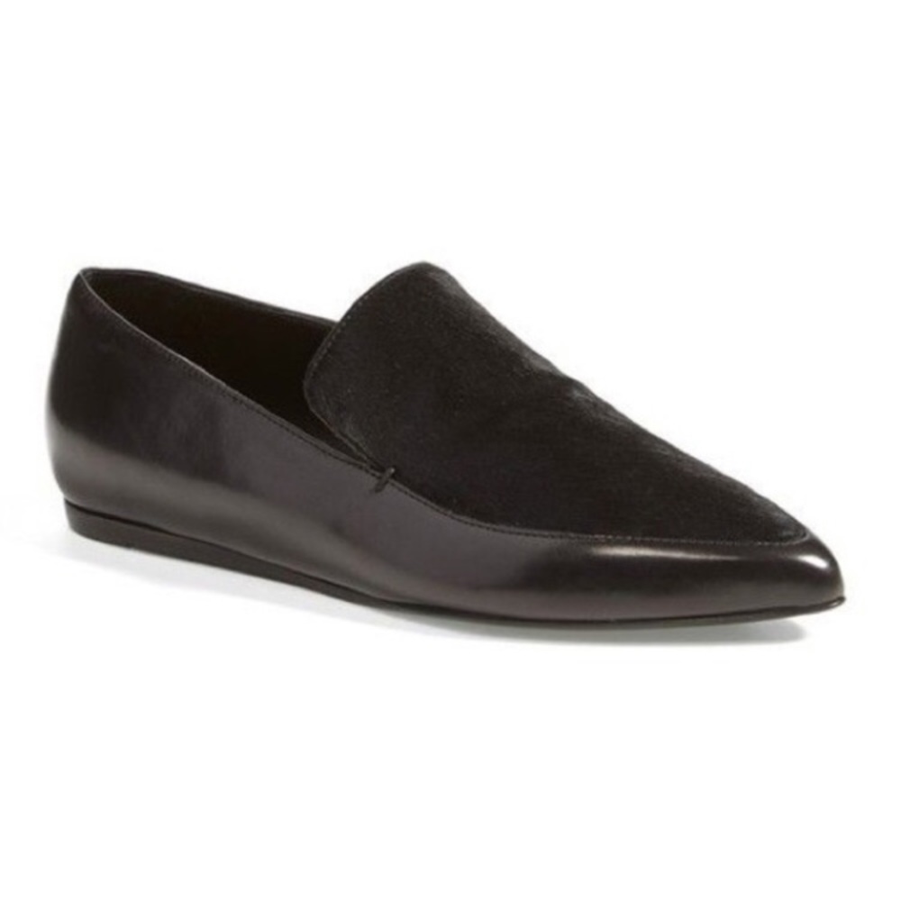 Vince Nikita Black Calf Hair & Leather Point-Toe Loafers